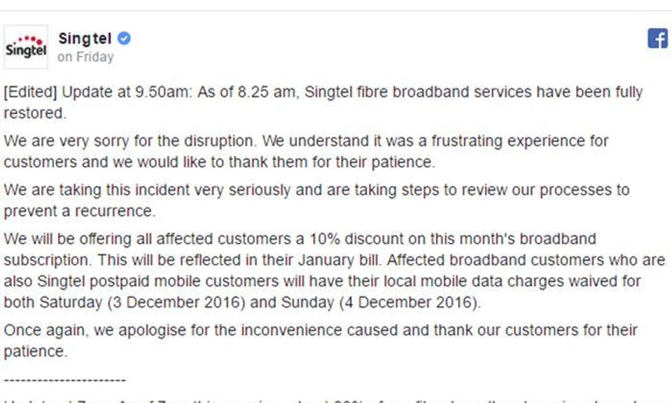 Singtel broadband services restored, affected subscribers to get 10% off bill for Dec