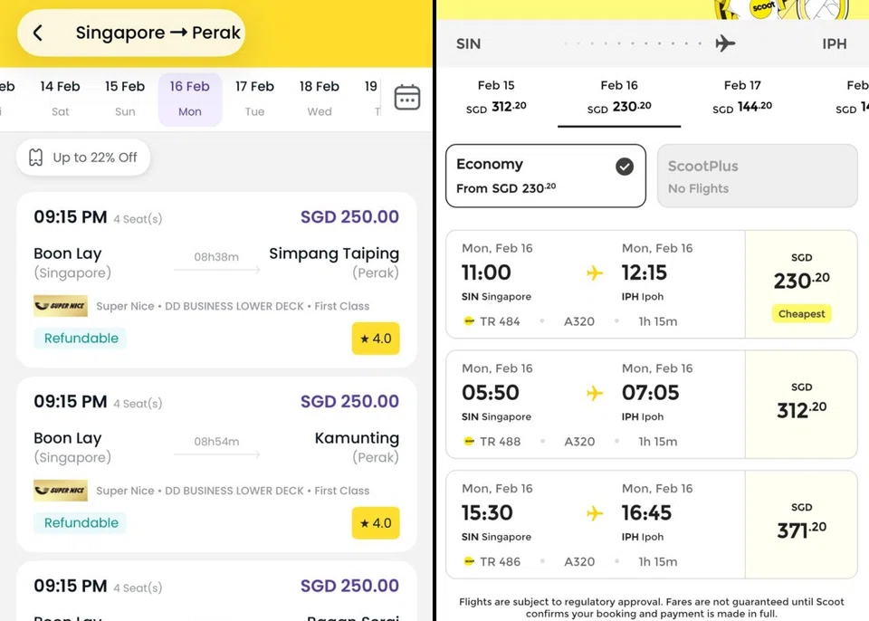 Bus fares and airfares for Feb 16.