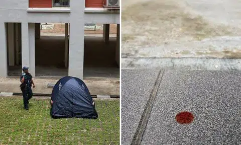 Right: A drop of blood seen on the second level of 166 Hougang Avenue 1 on March 29, 2023. Photos: The Straits Times