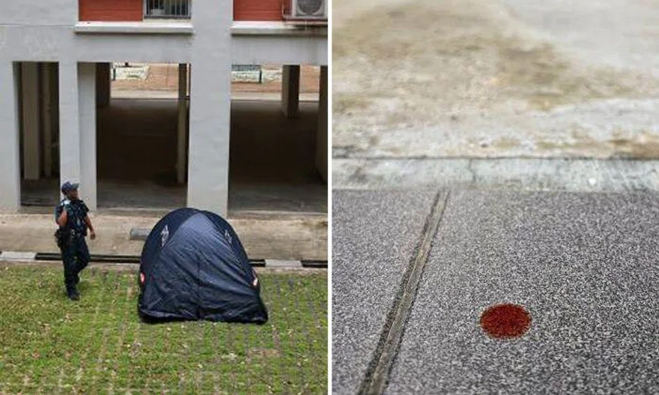 Right: A drop of blood seen on the second level of 166 Hougang Avenue 1 on March 29, 2023. Photos: The Straits Times