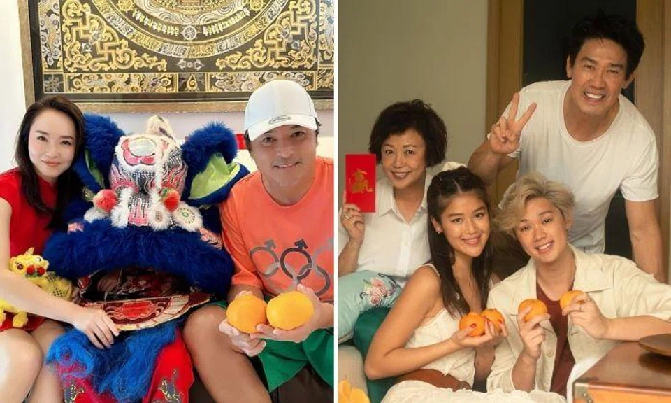 Left: Fann Wong and Christopher Lee with their eight-year-old son, Zedd, in a lion dance costume. Right: Xiang Yun and Edmund Chen with their children Chen Yixin and Chen Xi.