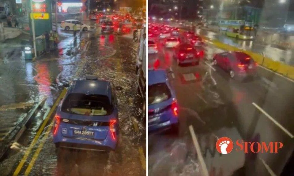 Taken from the upper deck of a double decker bus, the video shows vehicles splashing through the water and leaving a wake behind them.