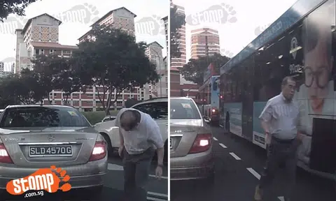 Mercedes' driver jams brake abruptly -- then scolds Stomper for almost hitting his car at Bishan
