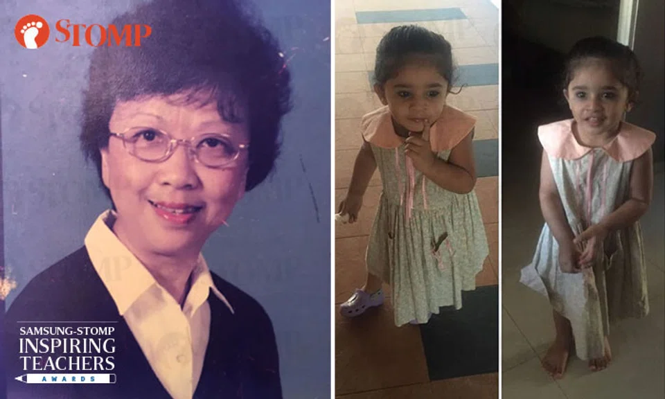 Mrs Chua (left) and Eza's daughter wearing the dress she made in Mrs Chua's class 20 years ago (right).