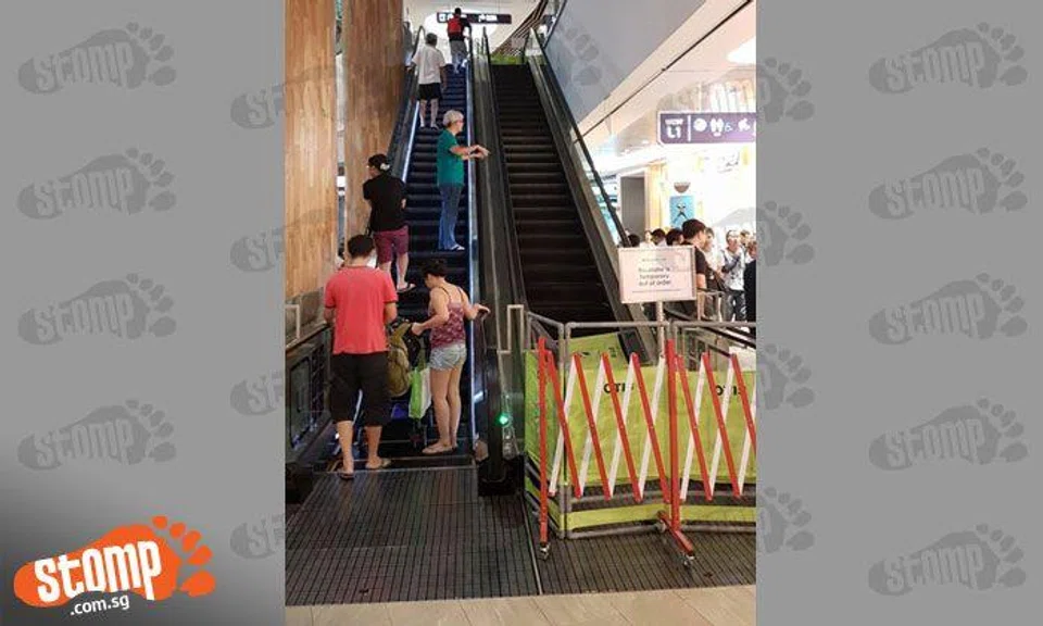 Crowd forms at Punggol Waterway Point lift lobby after escalator breaks down