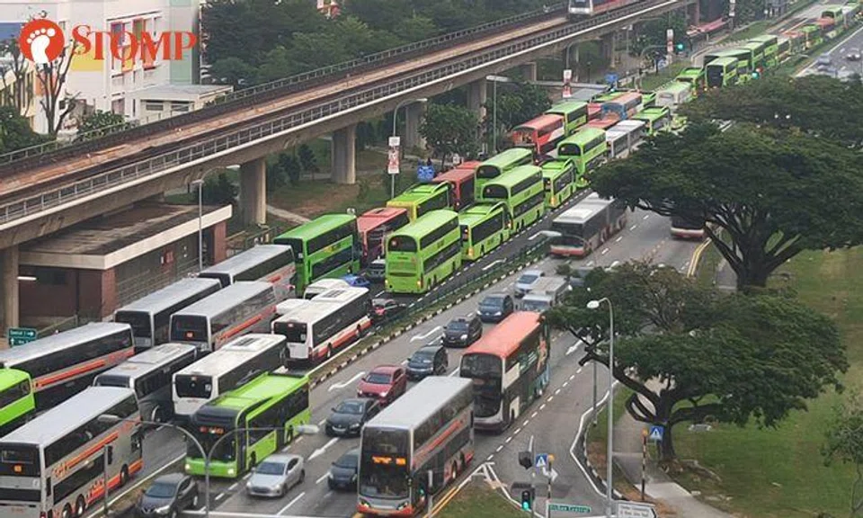 Massive traffic jam as lanes of buses merge into one to enter new integrated transport hub in Yishun