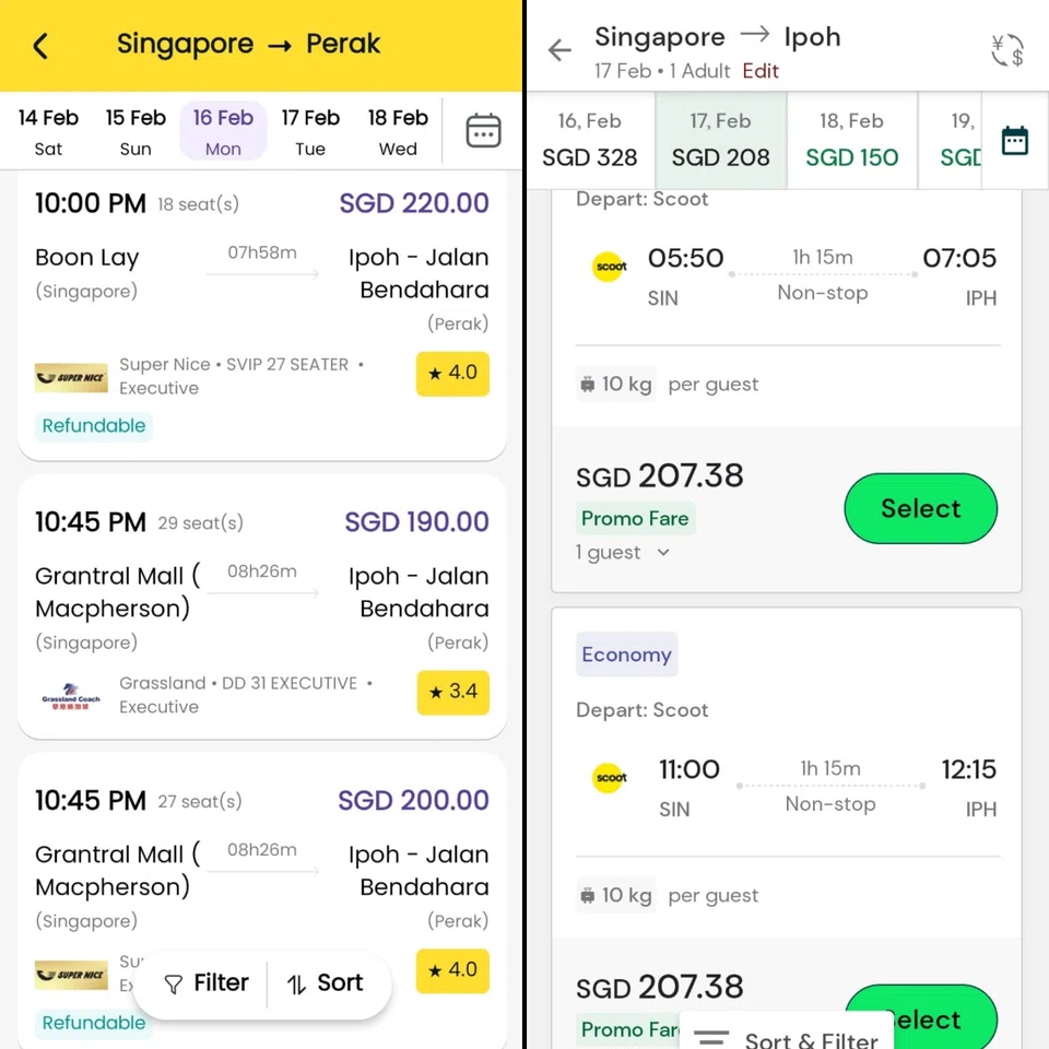 Singapore-Perak bus fare versus airfare