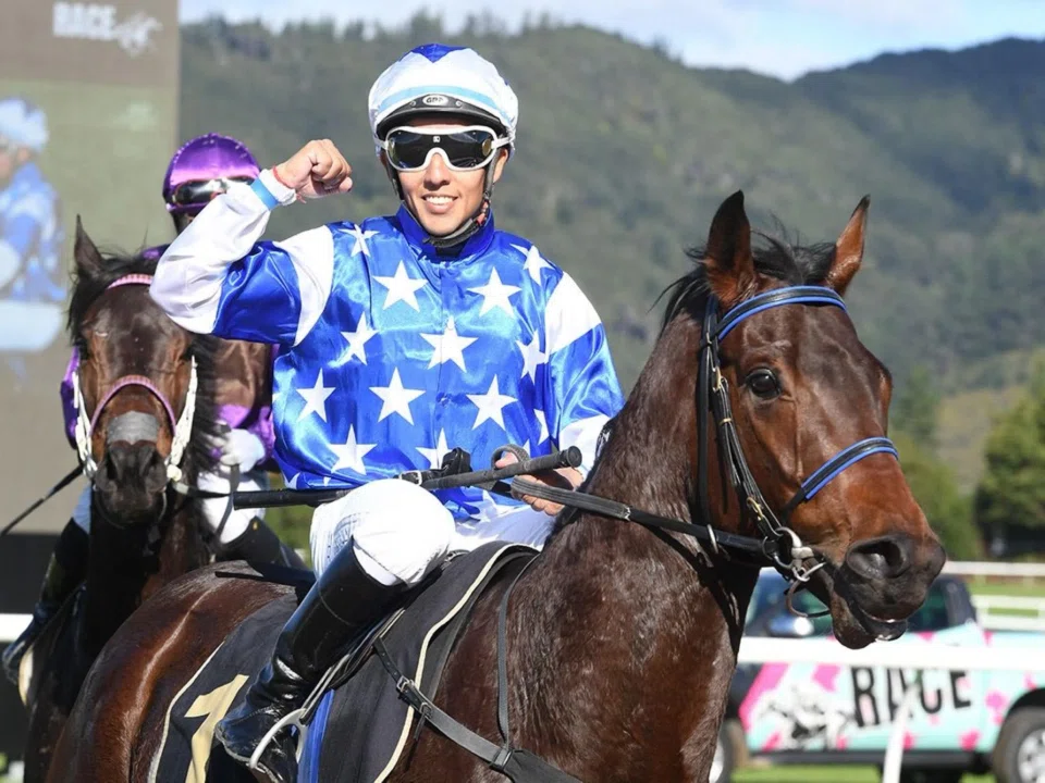 Jockey Bruno Queiroz giving a fist pump after opening his New Zealand account on board Tycoon Boss in the Doctor Askar Maiden race (1,000m) at Trentham on May 10.
