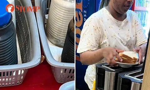 Cockroach at drinks counter in Bras Basah Complex food court, worker handles toast with bare hands
