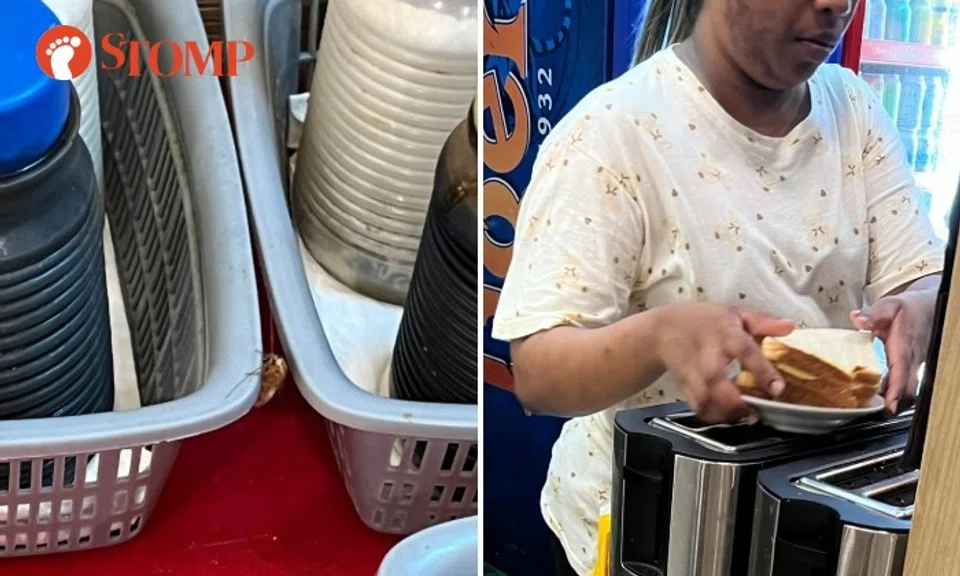 Stomper N shared photos of the "brown visitor to the pepper and soy sauce" as well a person behind the counter handling bread with her bare hands.