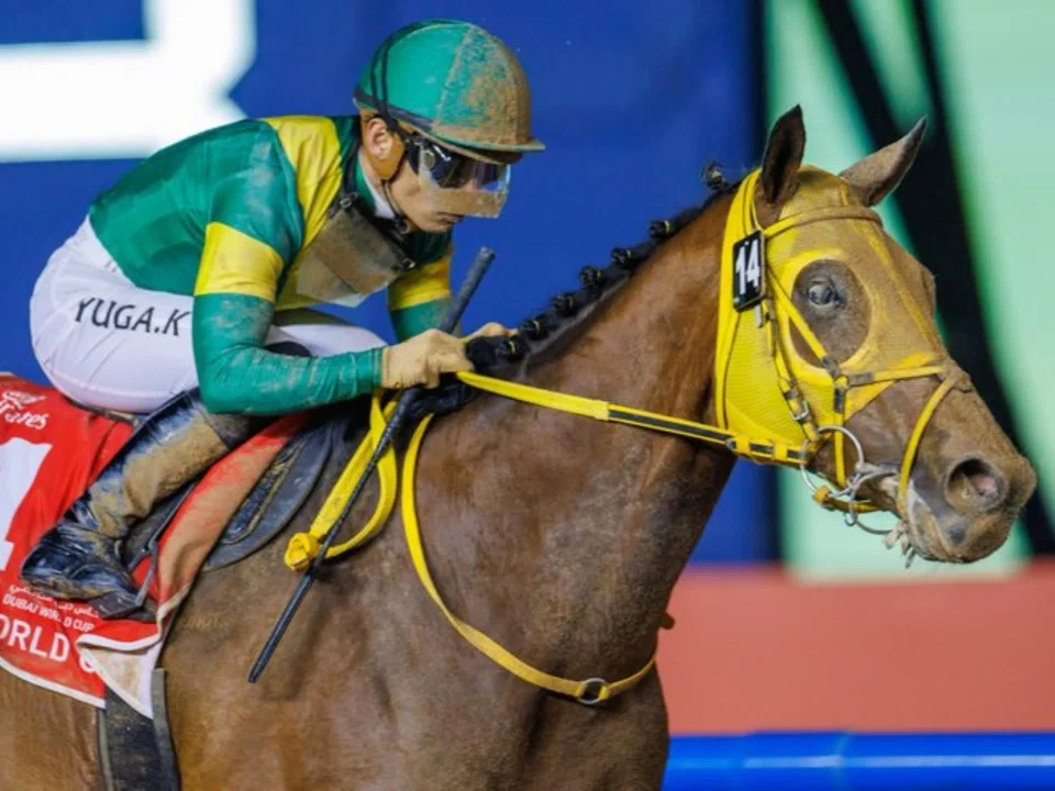 Ushba Tesoro (Yuga Kawada) springing an upset in the Group 1 Dubai World Cup (2,000m) at Meydan in 2023. The Noboru Tagaki-trained Japanese raider ran second in 2024 and is back for another shot on April 5.
