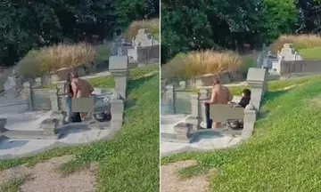 A naked couple were caught engaging in an indecent act at a cemetery in Malaysia.