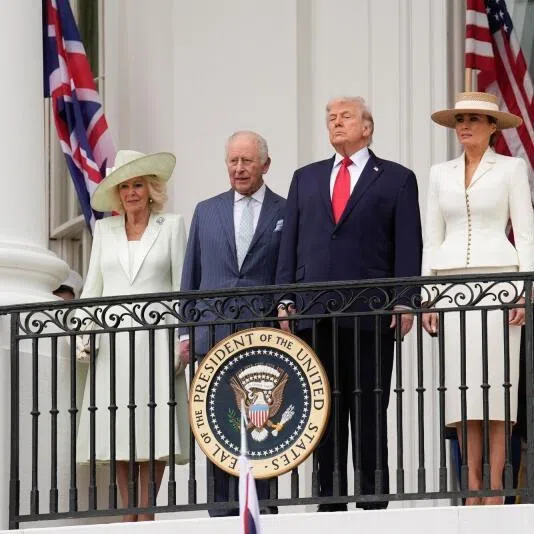 (From left) Queen Camilla, King Charles, US President Donald Trump, and First Lady Melania Trump during an arrival ceremony at the White House in Washington DC, on April 28.