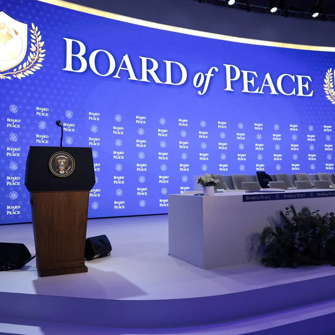 A view of the conference room, ahead of a charter announcement for U.S. President Donald Trump's Board of Peace initiative aimed at resolving global conflicts, alongside the 56th annual World Economic Forum (WEF), in Davos, Switzerland, January 22, 2026. REUTERS/Jonathan Ernst