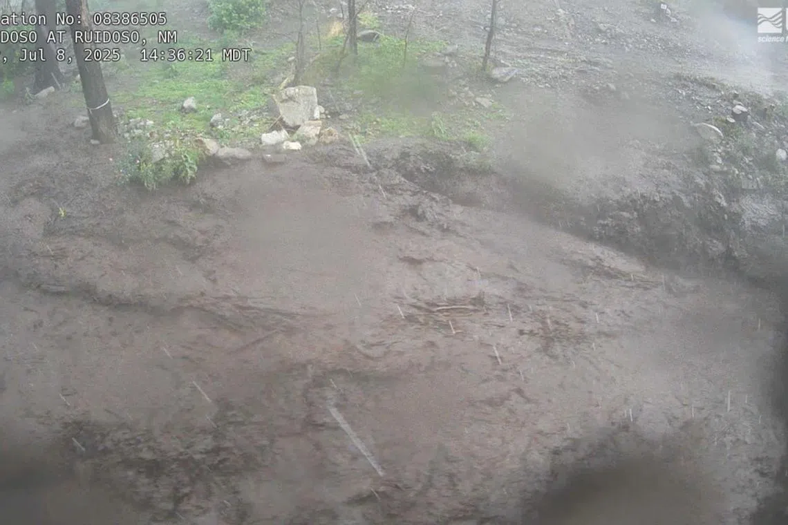 A view shows flooding in Ruidoso, New Mexico, U.S., July 8, 2025, in this screen grab taken from a handout video,  United States Geological Survey (USGS)/Handout via REUTERS