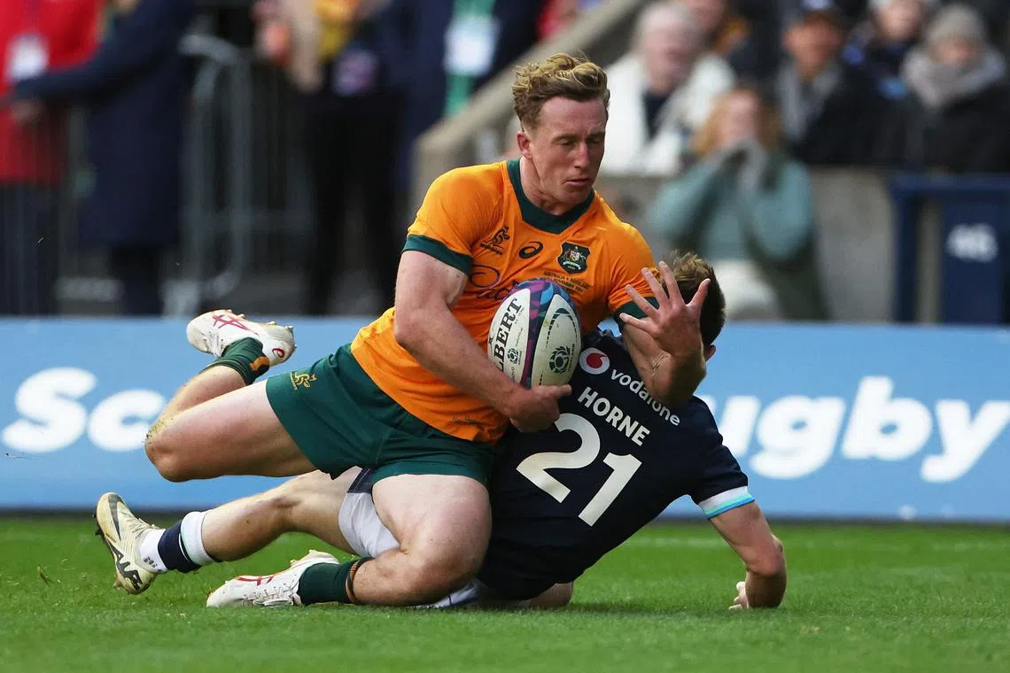 FILE PHOTO: Rugby Union - Autumn Internationals - Scotland v Australia - Scottish Gas Murrayfield Stadium, Edinburgh, Scotland, Britain - November 24, 2024  Australia's Harry Potter scores a try REUTERS/Russell Cheyne/File Photo