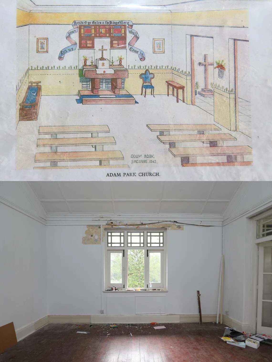 A montage of a photograph (below) showing what the remnants of a Christian mural from World War II at 11 Adam Park looks like now and an illustration (top) by Lieutenant-Colonel Withers Payne of the mural, which was published in, Churches Of The Captivity In Malaya, a 1946 book.