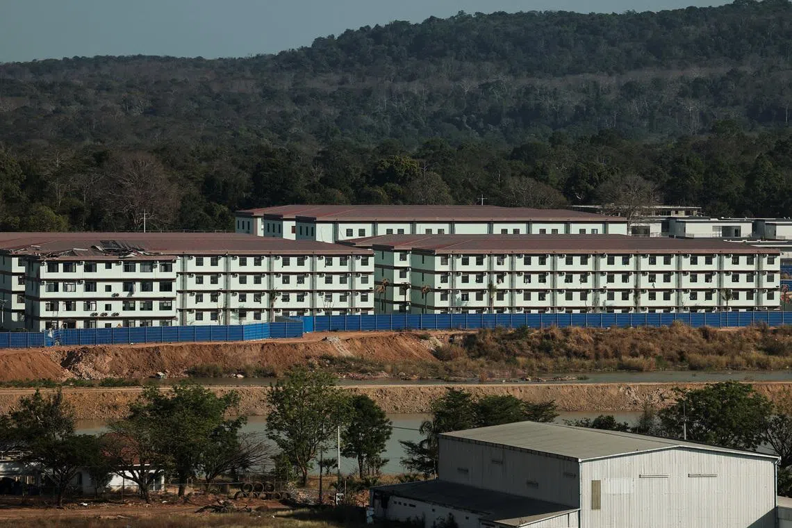 Compounds in O'Smach, including the building shown in this picture, which a Madagascan national who was trafficked into working told Reuters he escaped from, are seen at the Chong Chom-O'Smach border crossing, which was bombed and occupied by the Thai military in December following clashes between Thailand and Cambodia along a disputed border area, in Samraong, Oddar Meanchey province, Cambodia, February 2, 2026. REUTERS/Chalinee Thirasupa