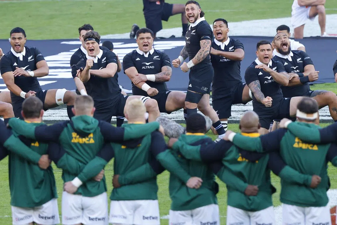 The All Blacks performing their Haka in front of the Springboks ahead of their Rugby Championship clash.