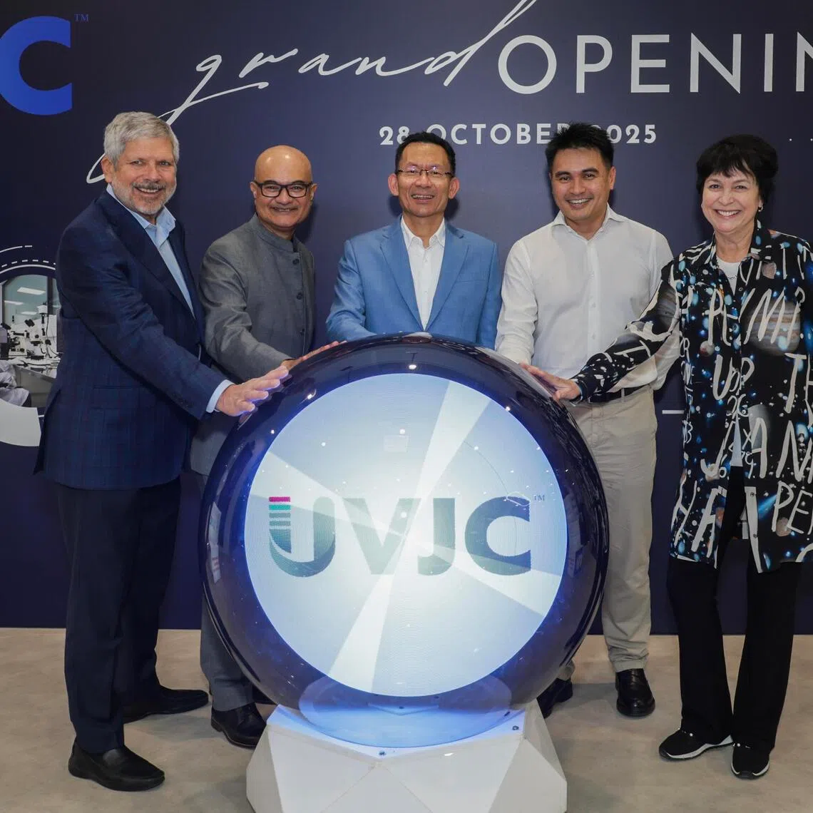 (From left): Steven Abramson, President & CEO, Universal Display Corporation (UDC);
Chandran Nair, CEO, UVJC;
Beh Kian Teik, CEO, Agency for Science, Technology and Research (A*STAR);
Marcus Dass, SVP, Economic Development Board (EDB); 
and Julie Brown, Executive Vice President & Chief Technology Officer, UDC; at the launch of the Universal Vapor Jet Corporation's global headquarters and R&D centre in Singapore, Oct 28, 2025.