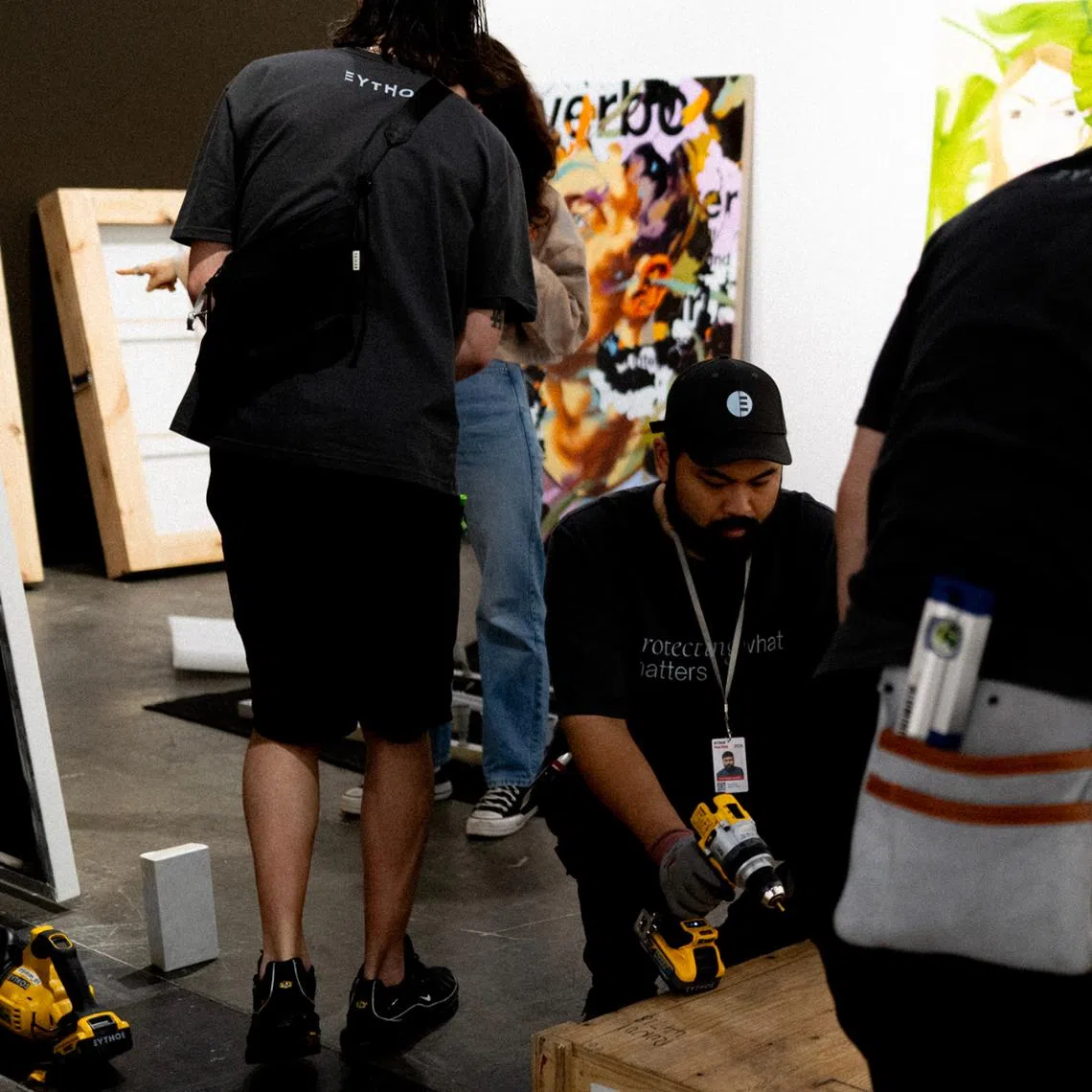 The Eythos team mid-installation at Art Basel Hong Kong 2026.