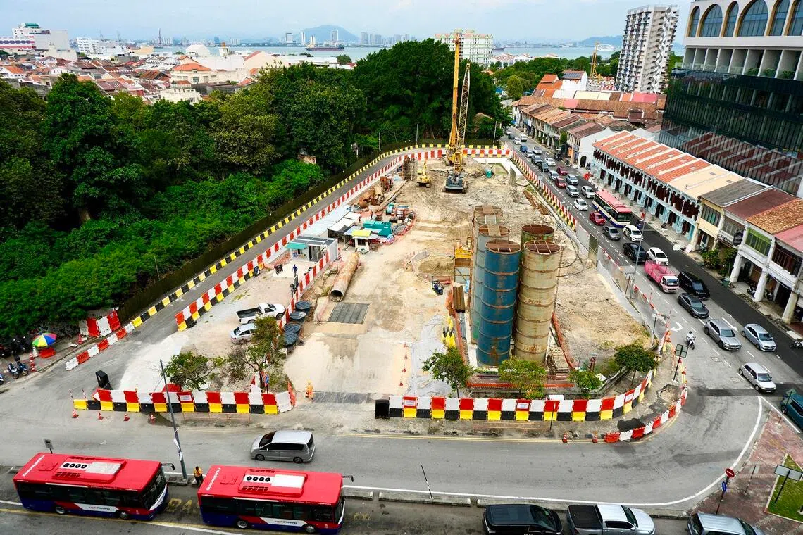 Construction at the Komtar light rail transit station in George Town, the northern terminus of Penang’s Mutiara LRT Line.
