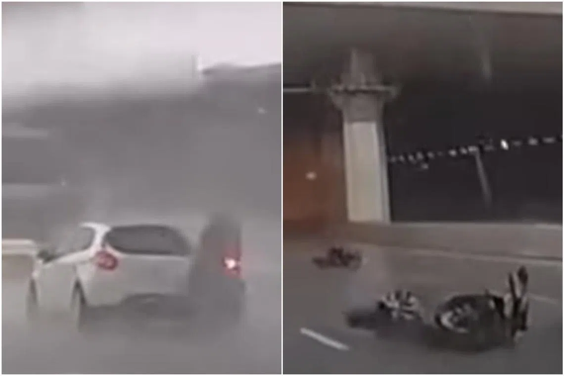 The man was flung off his motorcycle after rear-ending a white car that was changing lanes.