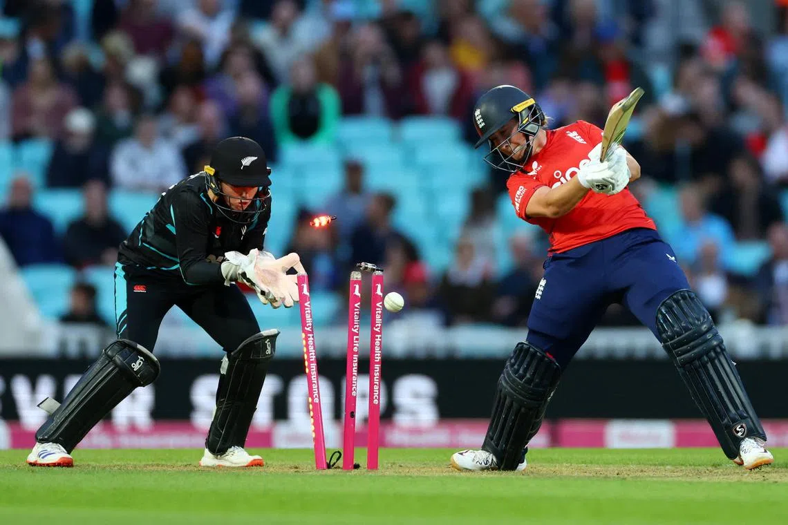 England's Alice Capsey is bowled out by New Zealand's Amelia Kerr in the Women's fourth T20 cricket International at The Oval in London on July 13, 2024.
