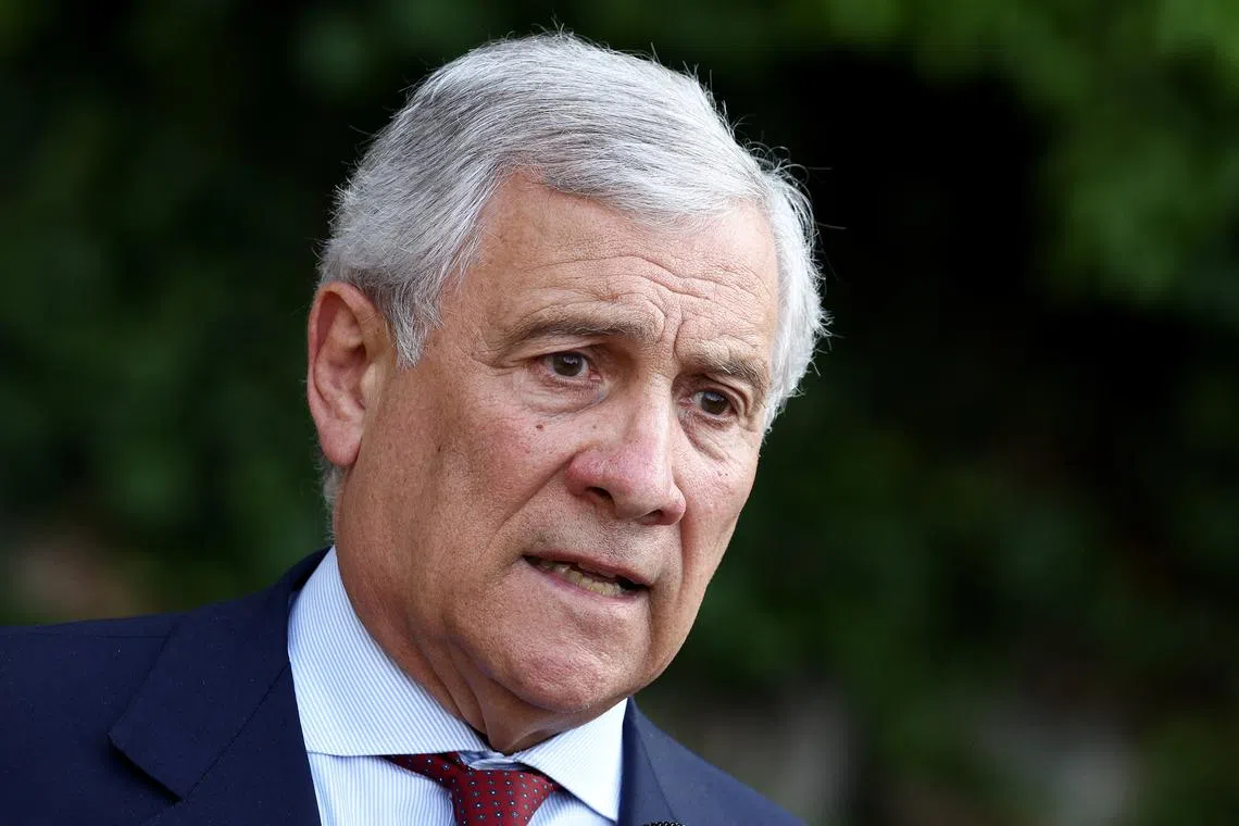FILE PHOTO: Italy's Foreign Minister Antonio Tajani speaks to the media at Villa Madama in Rome, Italy, June 12, 2025. REUTERS/Guglielmo Mangiapane/File Photo