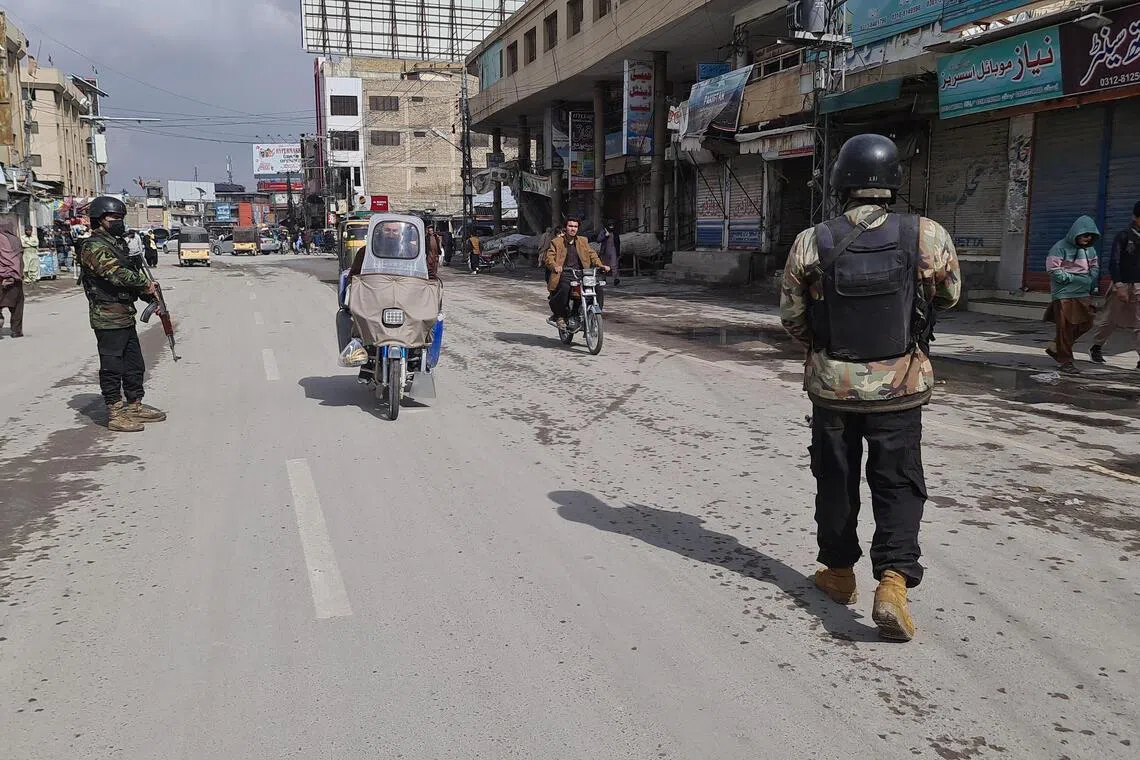 Pakistani security officials stand guard as security has been intensified following militants coordinated attacks, in Quetta, the provincial capital of Balochistan, Pakistan, on Feb 1, 2026.