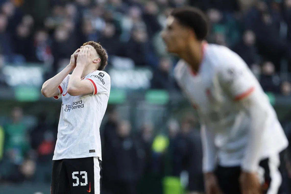 Liverpool's James McConnell reacts after missing a chance to score against Plymouth in the FA Cup. 