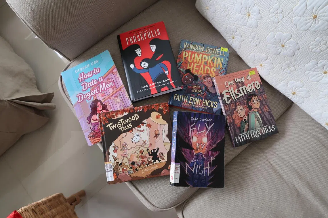 A collection of graphic novels the writer owns (top row) and borrowed (bottom row) from the Punggol Regional Library that serve as soothing reads.