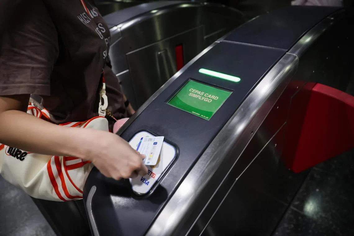 ST20240122_202473769353 : Gin Tay / ntsimplygo22/ 

Generic photo of a commuter using SimplyGo (CEPAS card) tapping through gantry at Seng Kang MRT station on Jan 22, 2024.