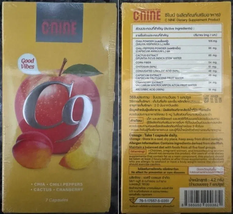 C-Nine Dietary Supplement Product is marketed as a diet supplement for slimming.
