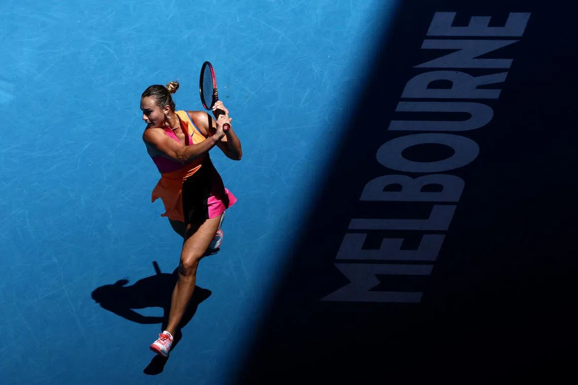 Tennis - Australian Open - Melbourne Park, Melbourne, Australia - January 27, 2026 Belarus' Aryna Sabalenka in action during her quarter final match against Iva Jovic of the U.S. REUTERS/Tingshu Wang