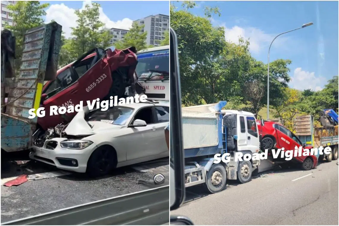 The chain collision which took place on April 16 involved 7 vehicles - a taxi, two cars and four trucks.