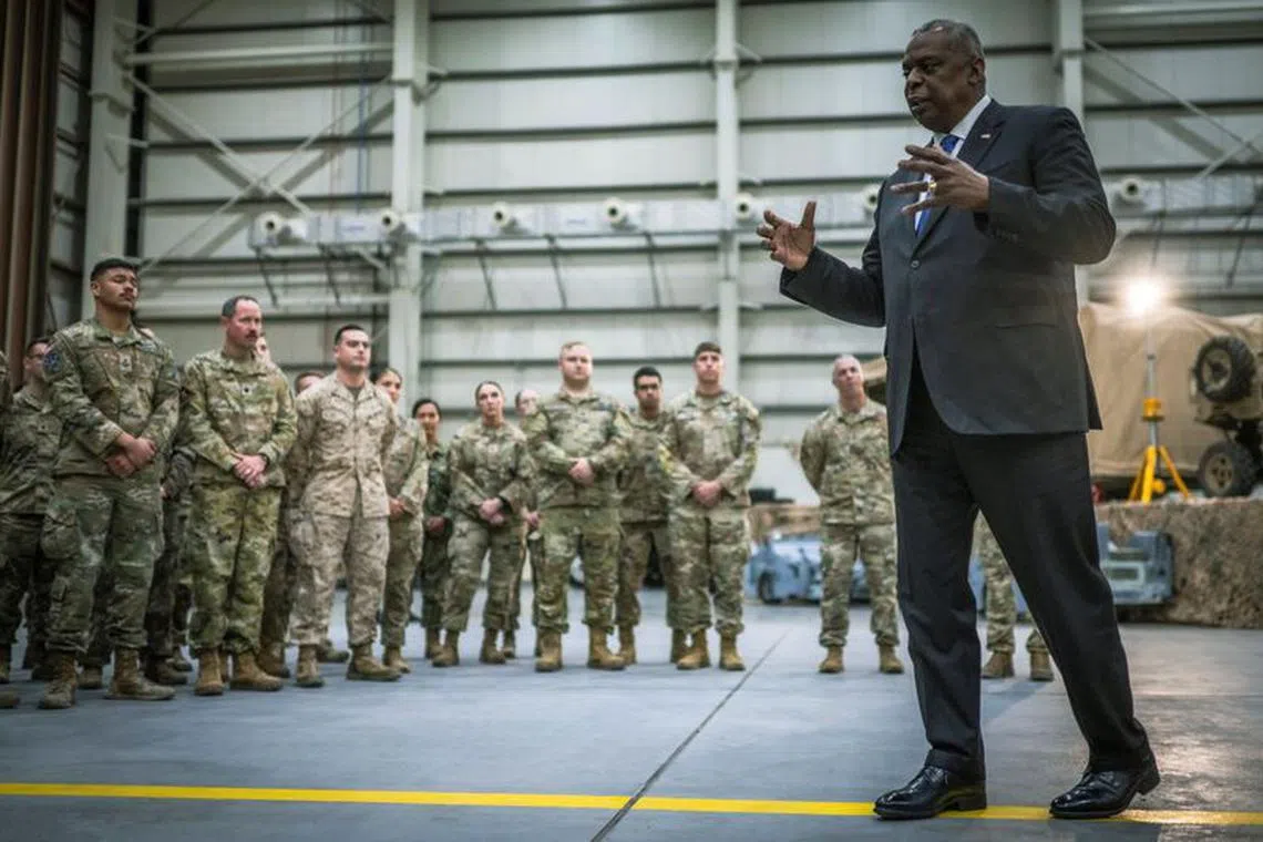 U.S. Secretary of Defense Lloyd Austin speaks with service members stationed at Al Udeid Air Base, Doha, Qatar, December 19, 2023. Chad McNeeley/Office of the Secretary of Defense Public Affairs/Handout via REUTERS/File Photo