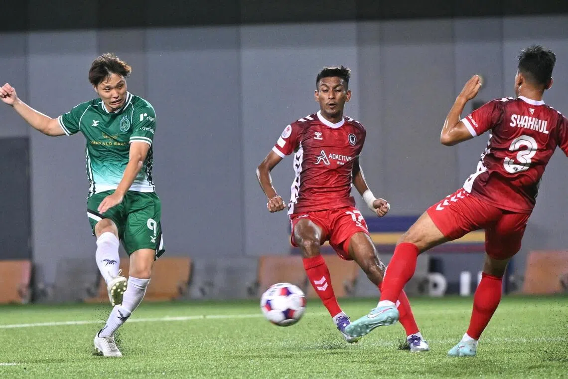 Singapore Premier League match between (red) Tanjong Pagar United and Geylang International at Our Tampines Hub on Oct 18, 2025.