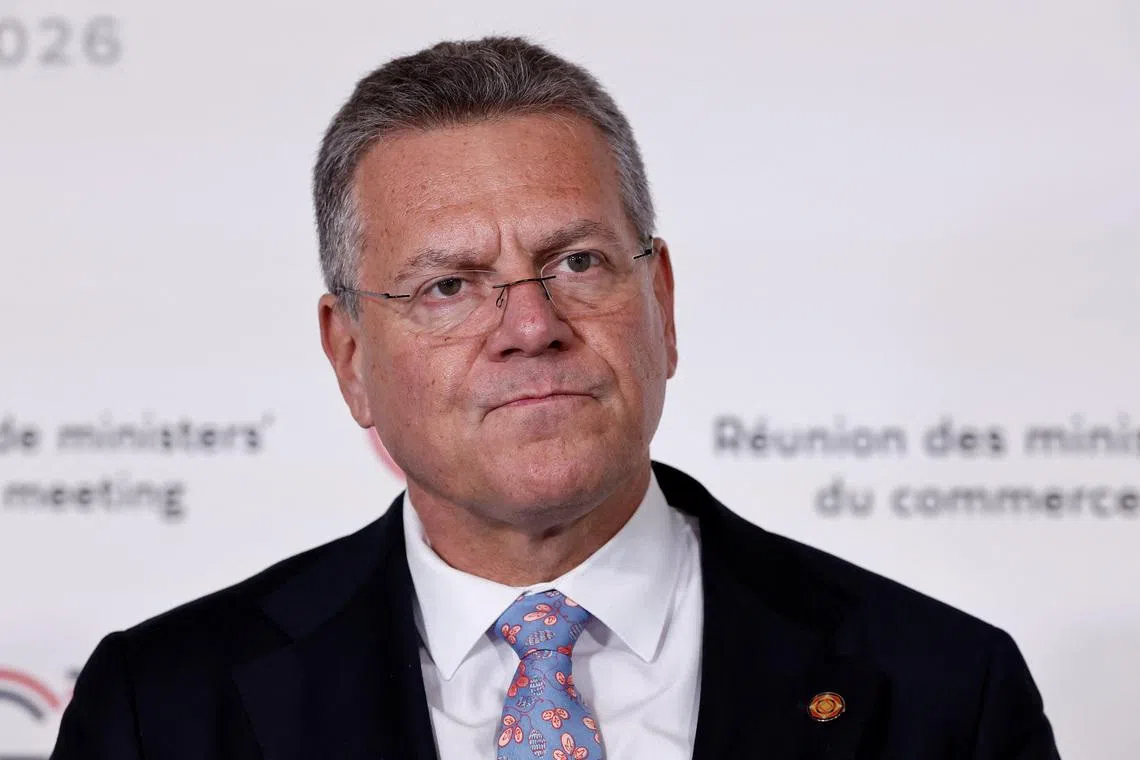 European Commissioner for Trade and Economic Security Maros Sefcovic speaks to the media as he arrives to attend a meeting of G7 trade ministers in Paris, France, May 6, 2026. REUTERS/Benoit Tessier/Pool