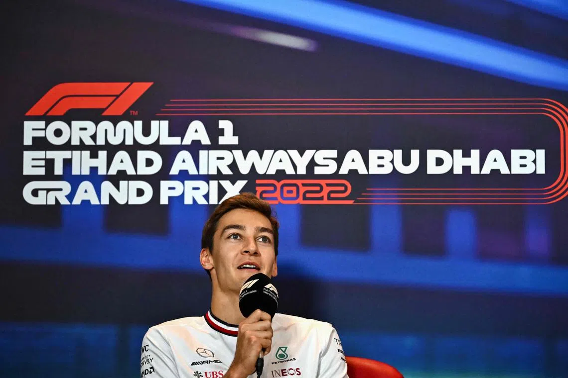 Mercedes' British driver George Russell attends a press conference ahead of the Abu Dhabi Formula One Grand Prix.