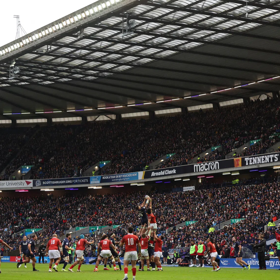 Rugby Union - Autumn Internationals - Scotland v Tonga - Murrayfield Stadium, Edinburgh, Scotland, Britain - November 23, 2025 General view of Scotland's Andy Christie in action during a lineout REUTERS/Russell Cheyne