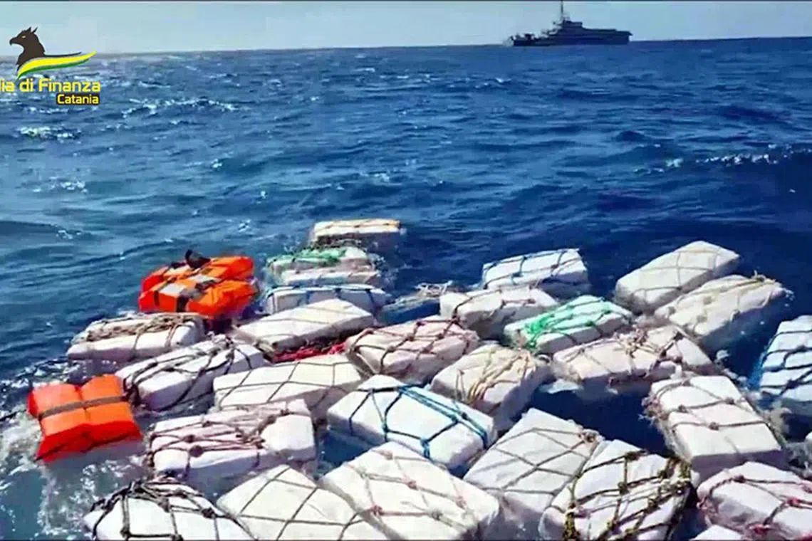 The Italian police intercepted 70 packages, which were tied together, off Sicily's eastern coast.