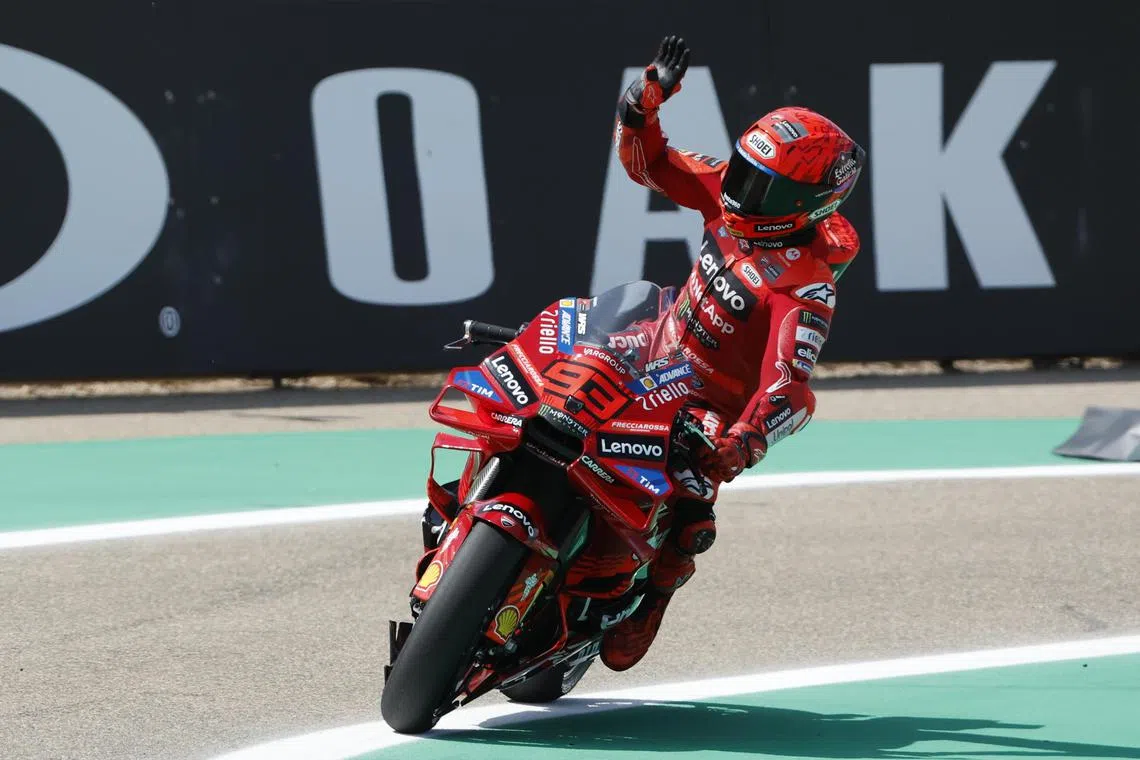 Ducati Lenovo Team rider Marc Marquez of Spain celebrates qualifying in pole position for the Aragon Grand Prix in Teruel, Spain on June 7.