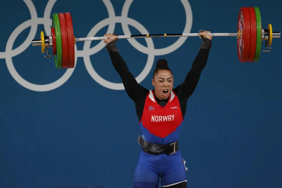 Eilla Amena Koanda Solfrid of Norway competing in the Paris Olympics women's weightlifting 81kg category on Aug 10, 2024.