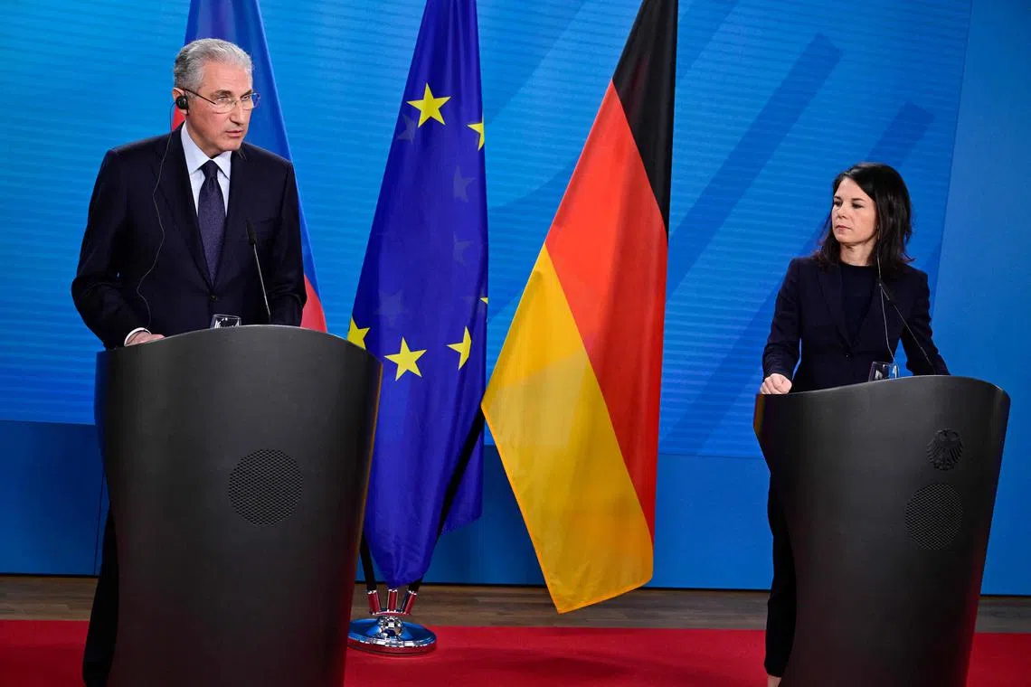 COP29 president Mukhtar Babayev (left) and German Foreign Minister Annalena Baerbock address a press conference at the Petersberg Climate Dialogue in Germany.