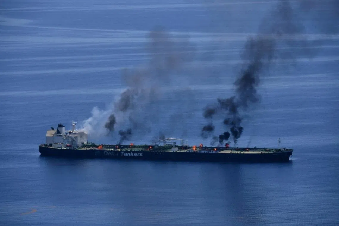Flames and smoke rise from the Greek-flagged oil tanker Sounion, which has been on fire since August 23, on the Red Sea, August 25, 2024. Yemen's Houthis said they attacked the Sounion in the Red Sea. EUNAVFOR ASPIDES/Handout via REUTERS