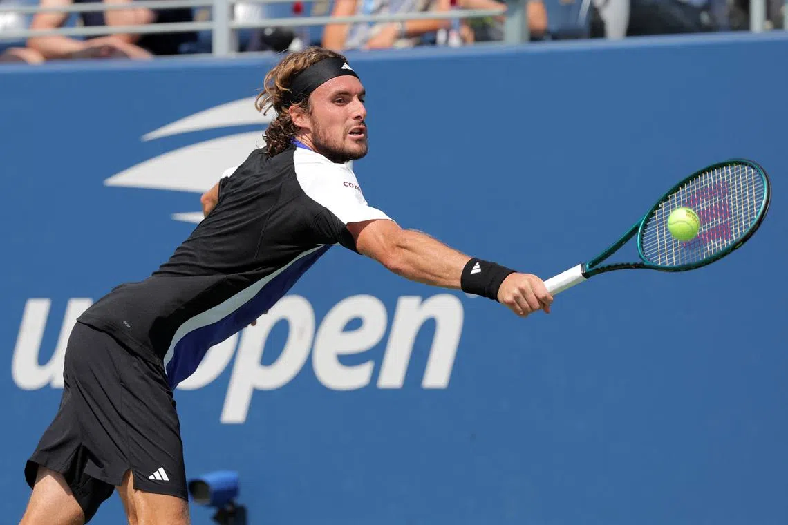 Tennis - U.S. Open - Flushing Meadows, New York, United States - August 27, 2024 Greece's Stefanos Tsitsipas in action during his first round match against Australia's Thanasi Kokkinakis REUTERS/Andrew Kelly