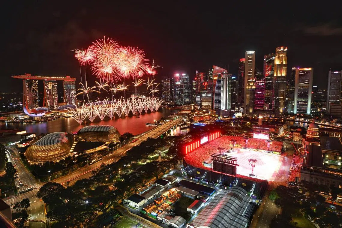 The fireworks display at the National Day Parade at the Padang on Aug 9, 2023.