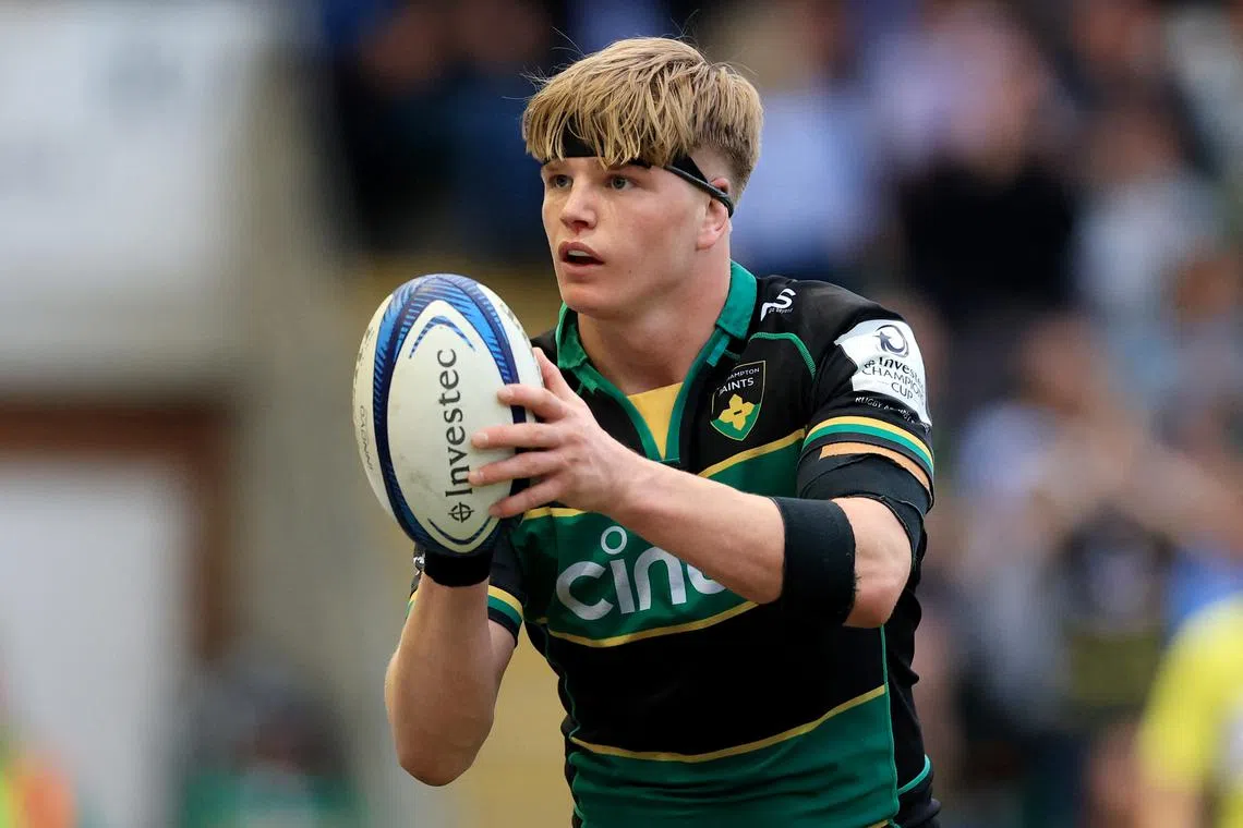 FILE PHOTO: Rugby Union - European Champions Cup - Northampton Saints v Castres - Franklin's Gardens, Northampton, Britain - April 12, 2025 Northampton Saints' Henry Pollock celebrates scoring a try Action Images via Reuters/Andrew Boyers/File Photo