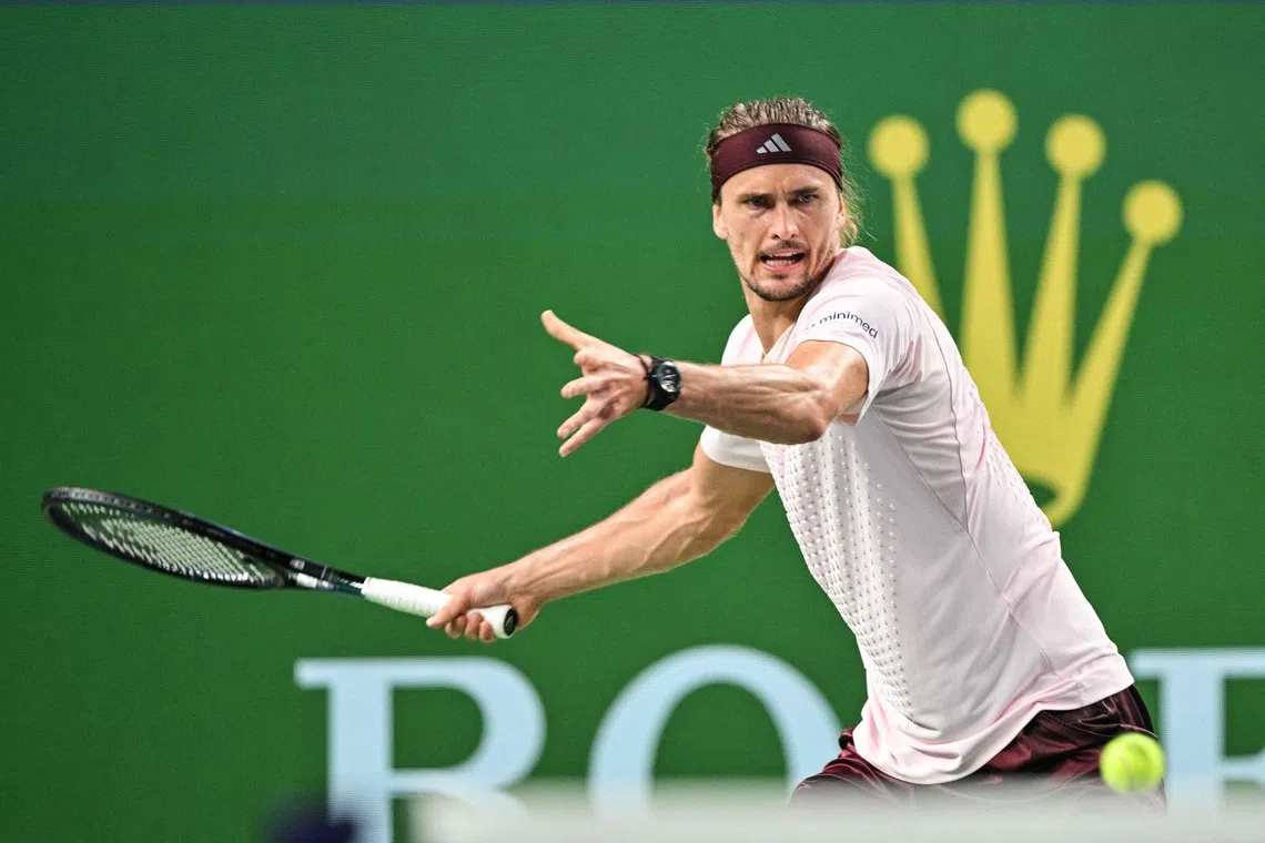 Germany’s Alexander Zverev hits a return to France’s Quentin Halys during their men’s singles match on Oct 11 at the Shanghai Masters.